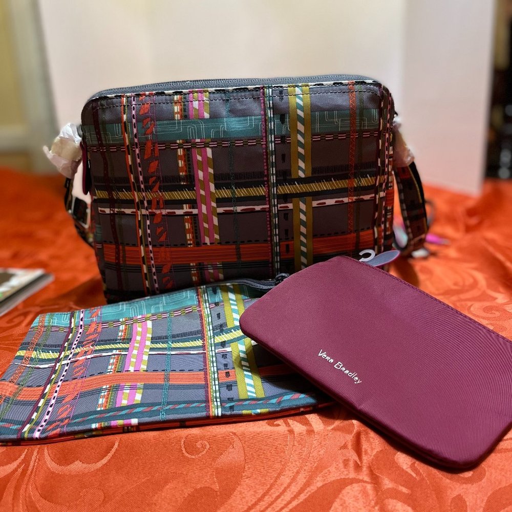 Vera Bradley Midtown Shoulder Bag, City Plaid with Bonus 2 pc Zip Pouch Duo